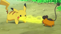 EP807 Dedenne y Pikachu enfrentados