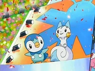 Piplup y Pachirisu con sello fiesta en el Concurso Pokémon de Corazón.