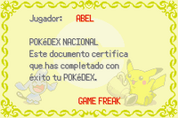 Diploma tras completar la Pokédex Nacional (R/Z/E).