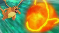 Charizard de Ash usando furia dragón.