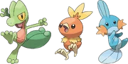 ,  y , los Pokémon iniciales de los juegos de GBA.