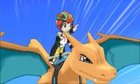 Protagonista montado en un Charizard.