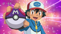 Ash con una Master Ball en un anuncio.