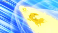 Yamper y Eevee usando Chispa contra Pelipper (Team/Equipo Rocket).
