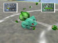 Bulbasaur usando hoja afilada en Pokémon Stadium 2.