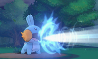 Mudkip usando hidrobomba en Pokémon Rubí Omega y Pokémon Zafiro Alfa.