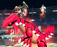 Groudon usando sofoco contra Wario, Link y Pit.