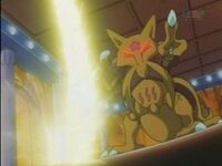 Kadabra de Sabrina usando confusión para desviar el rayo del Pikachu de Ash.