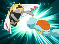 Squirtle de Ash usando cabezazo contra el Ninjask de Brandon/Valente.