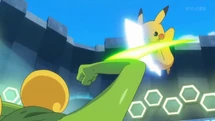 Sceptile de Sawyer/Sabino usando hoja aguda contra el Pikachu de Ash en el EP931.