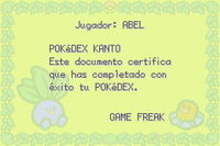 Diploma de Pokédex regional en Pokémon Rojo Fuego y Verde Hoja.