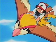 Ash y Pikachu montados en Pidgeot.