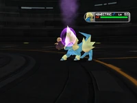 Meteorobola XD.png (259 kB) Manectric recibiendo meteorbola de tipo oscuro en Pokémon XD: Tempestad oscura.
