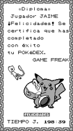 Diploma entregado al completar la Pokédex en Pokémon Amarillo y se imprime con el Game Boy Printer