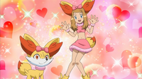 Serena actuando con Fennekin para el programa Poké-visión.