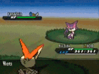 Victini usando bomba ígnea en Pokémon Negro 2 y Blanco 2.