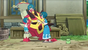 Sarah, Harper y Lana/Nereida limpiando a Turtonator