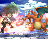 Charizard usando lanzallamas en Super Smash Bros Brawl.