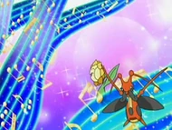 Unas filas de notas musicales salen al escenario junto a los Pokémon.