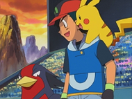 Swellow junto a Ash y Pikachu.