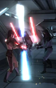 Bastila peleando contra dos  antes de su captura.