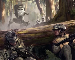 Un par de Rastreadores evadiendo las fuerzas Imperiales durante la Batalla de Endor.