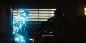 Djarin aturde a un soldado de asalto mientras rescata a Grogu.