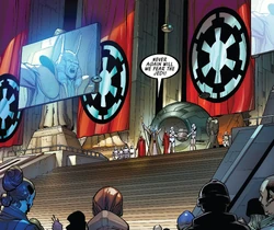 Los ciudadanos Imperiales se reunieron en el Templo donde el Gran Visir Mas Amedda anunció el fin de la Orden Jedi.
