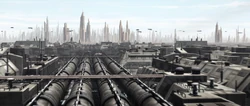 Enormes tuberías transportan agua y otras sustancias a través del enorme paisaje urbano que cubría la superficie del planeta