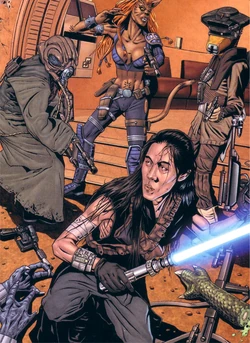 Los miembros de Nova Carmesí ,  y  se encuentran con  en .