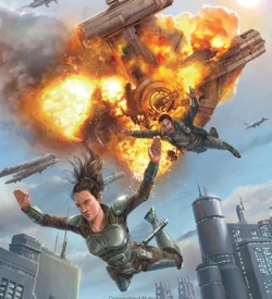 Aryn Leneer y Zeerid Korr caen en picado hacia Coruscant cuando el Hombre gordo es destruido.