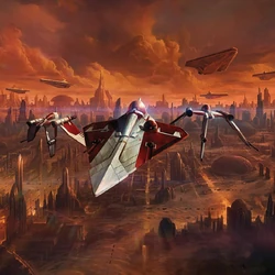 Dos V-19 patrullan los cielos de Coruscant junto a un Delta-7 Aethersprite Jedi.