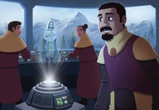 El Ministro Ecka y sus asesores reciben un mensaje de la Maestra Jedi Avar Kriss confirmando que la ayuda está en camino.
