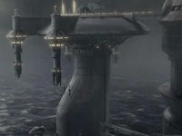Plataforma de aterrizaje de Tipoca junto con la nave de Jango Fett, el Esclavo I.