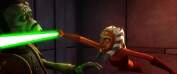 Ahsoka amenaza a Gunray.