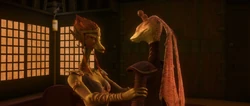 Jar Jar se reúne con la reina Julia de Bardotta.