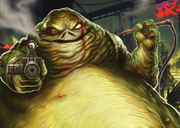 Teemo, apuntando con su bláster, según la portada del libro de rol, Star Wars: Al filo del Imperio - El largo brazo del Hutt.
