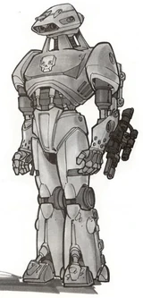 Uno de los Robots de Guerra mira hacia abajo.