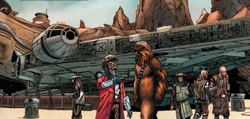 Hondo negocia con Chewbacca en Batuu.