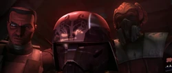 Sinker localiza la Lanzadera 775519, flanqueado por el Comandante Wolffe y el General Plo Koon.