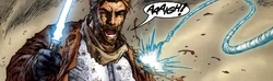 Obi-Wan Kenobi es golpeado en el hombro con un vibrolátigo.