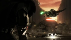 Zallow evita por poco un sable de luz lanzado por su oponente Sith.