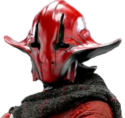Sidon Ithano usando una máscara Kaleesh roja hecha de plastiacero.