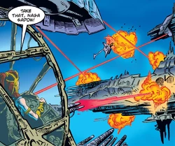 Jori Daragon dispara a objetivos Sith durante la Segunda Batalla de Korriban.