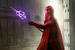 Una Guardia Real empuñando una electrovara.