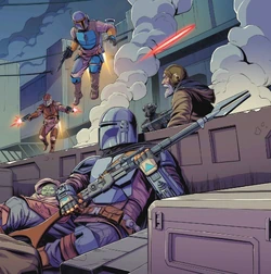 Inmovilizado con Grogu por cazarrecompensas, Din Djarin se vio rescatado por la llegada de sus camaradas mandalorianos.