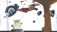 Yoda presenciando el ataque a Coruscant