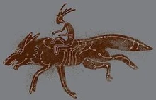 Obra del templo Jedi Lothal que representa un lobo gigante y su jinete humanoide