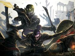 Un mercenario Ssliz combate junto a Drukhari contra tropas humanas