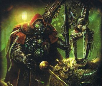 Mechanicus tecnosacerdote manipulando artefacto xeno